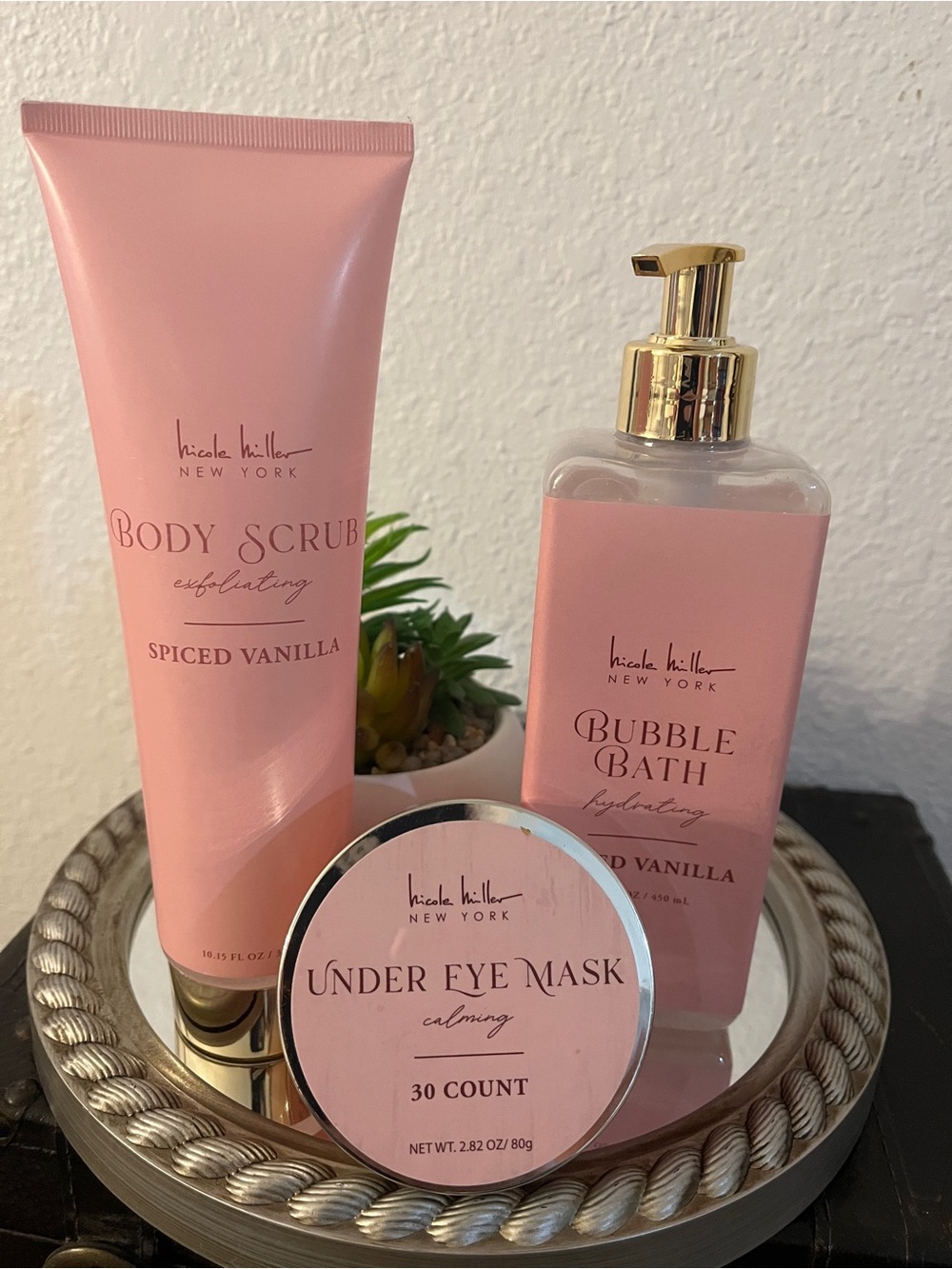 Nicole Miller Pink Spiced Vanilla Body Scrub, Bubble Bath & Under Eye Mask Set